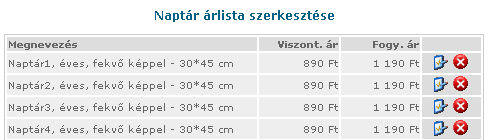 Naptár árlista